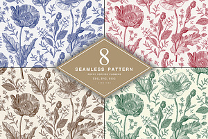 Seamless Set Flowers Poppy Poppies