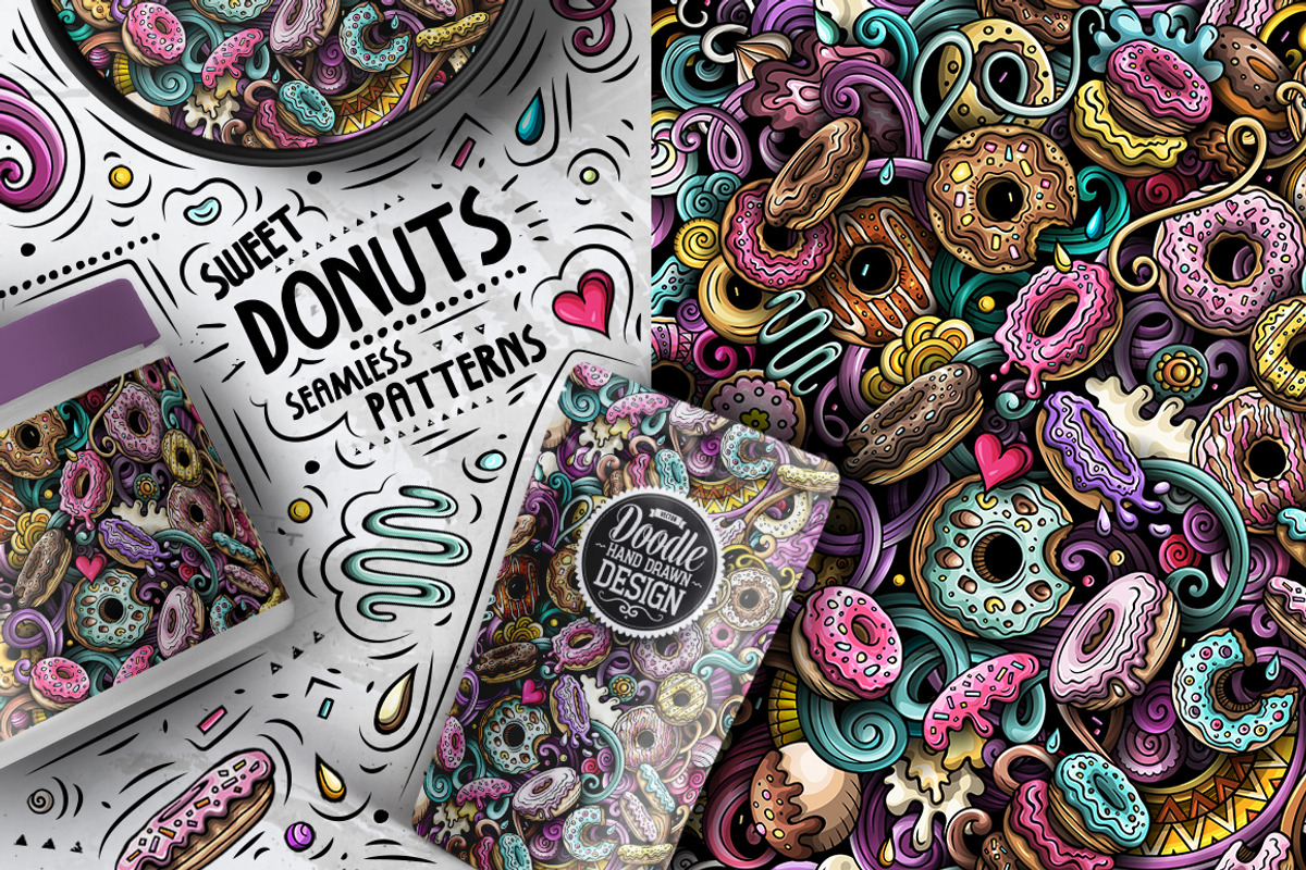 7 Donuts Cartoon Seamless Patterns, a Pattern Graphic by BALABOLKA