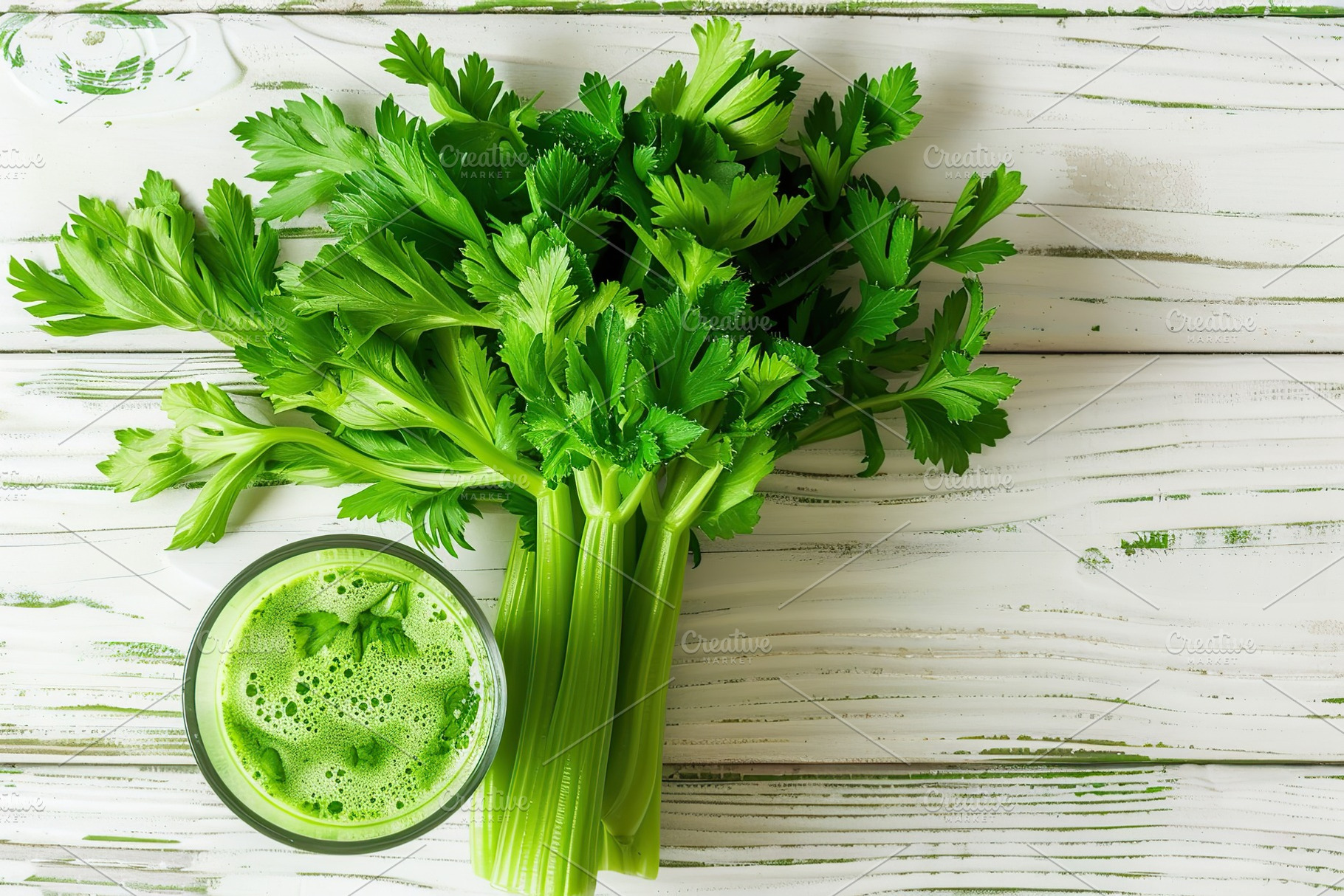 Fresh celery juice in glass on wooden table, a Food & Drink Photo by AlyaAnd