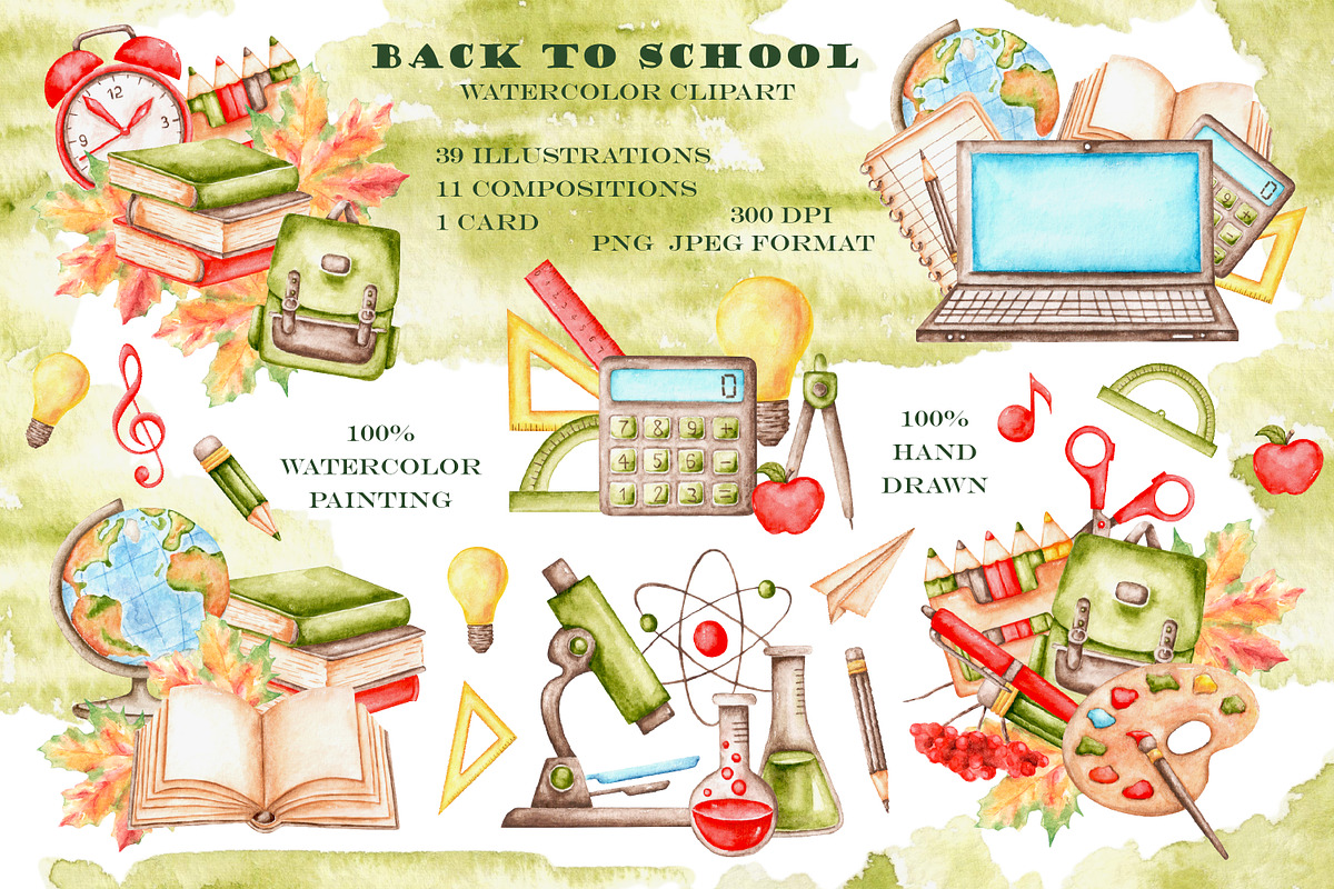 Back to school watercolor clipart., an Education Illustration by SabinaWatercolorArt (Photo 1 of 15)