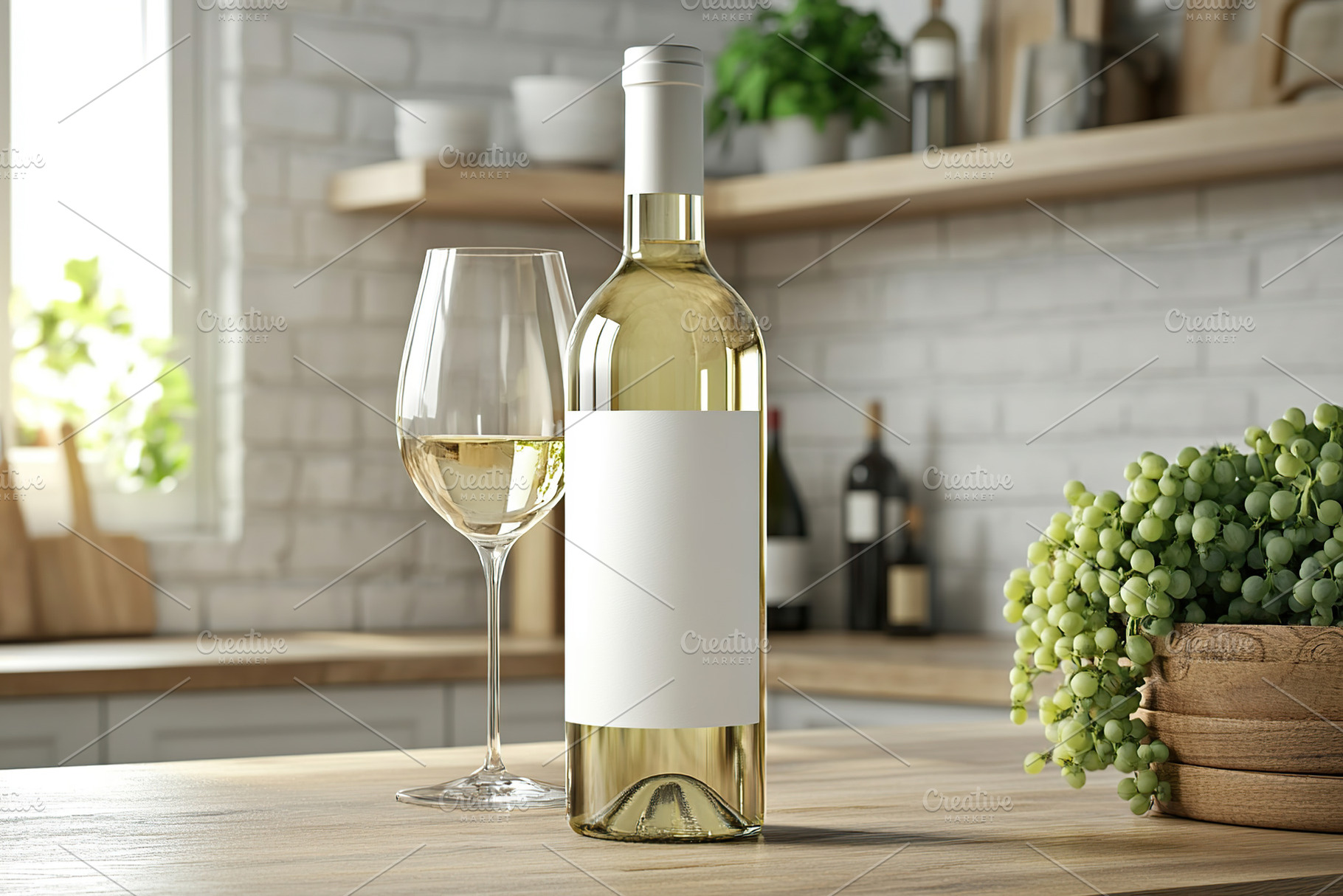Bottle of white wine next to a glass in a bright kitchen, a Food & Drink Photo by AlyaAnd