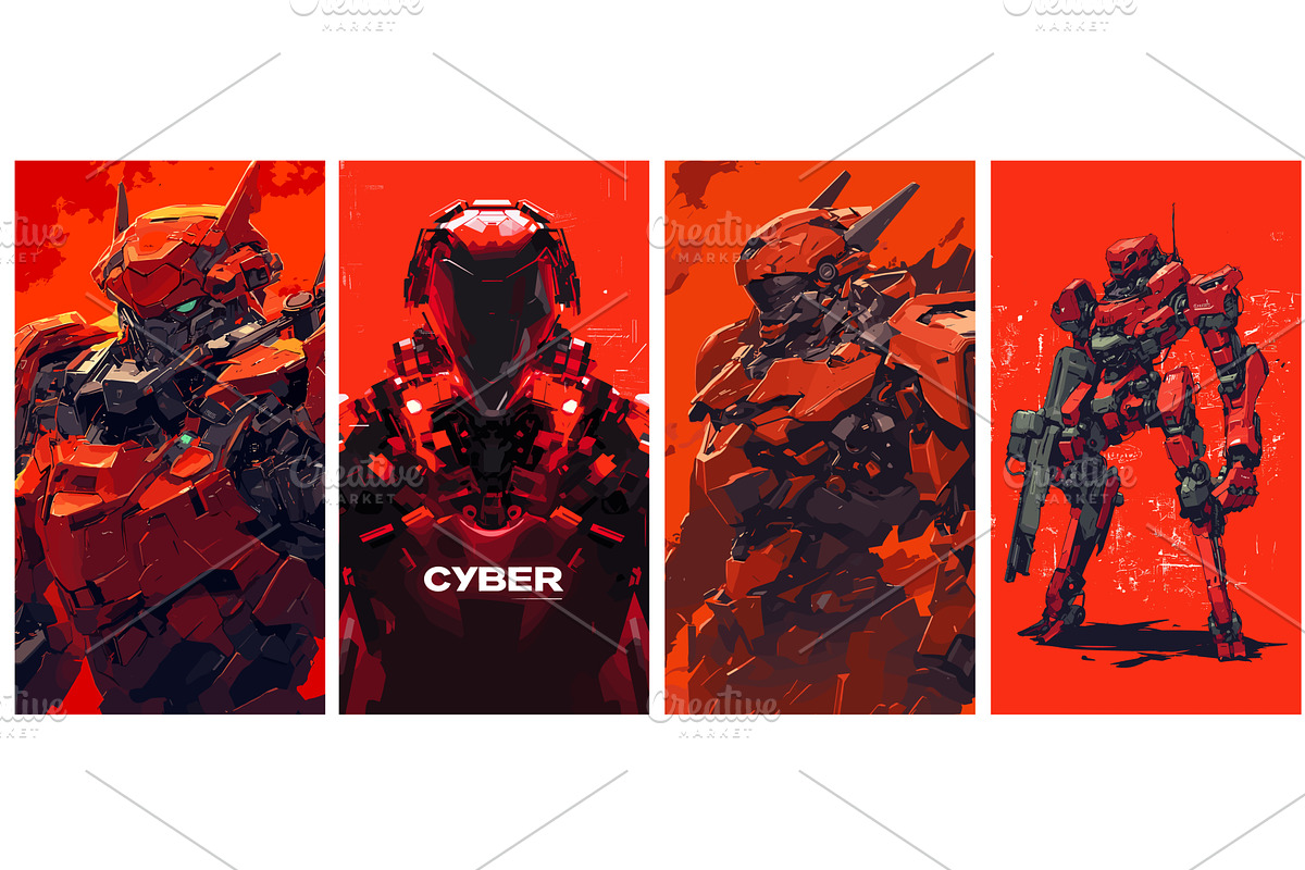 robot cyborg cartoon set. military, a Technology Illustration by Stock-Smart-Start