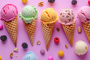 Colorful ice cream scoops with sprinkles in waffle cones and ripe fruits on pin, a Food & Drink Photo by AlyaAnd