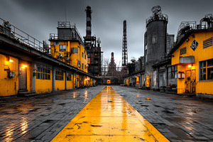 Industrial zone with yellow buildings and machinery against overcast sky, an Industrial Photo by AS photostudio