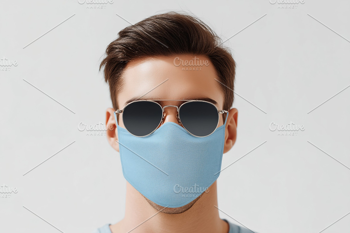 A young man wearing sunglasses and a blue face mask mockup, against a plain bac, a Mask Mockup by Textures & Backgrounds