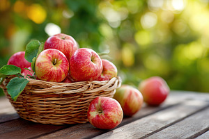 Picking fresh apples and placing them in a woven basket on a wooden surface, a Food & Drink Photo by AlyaAnd