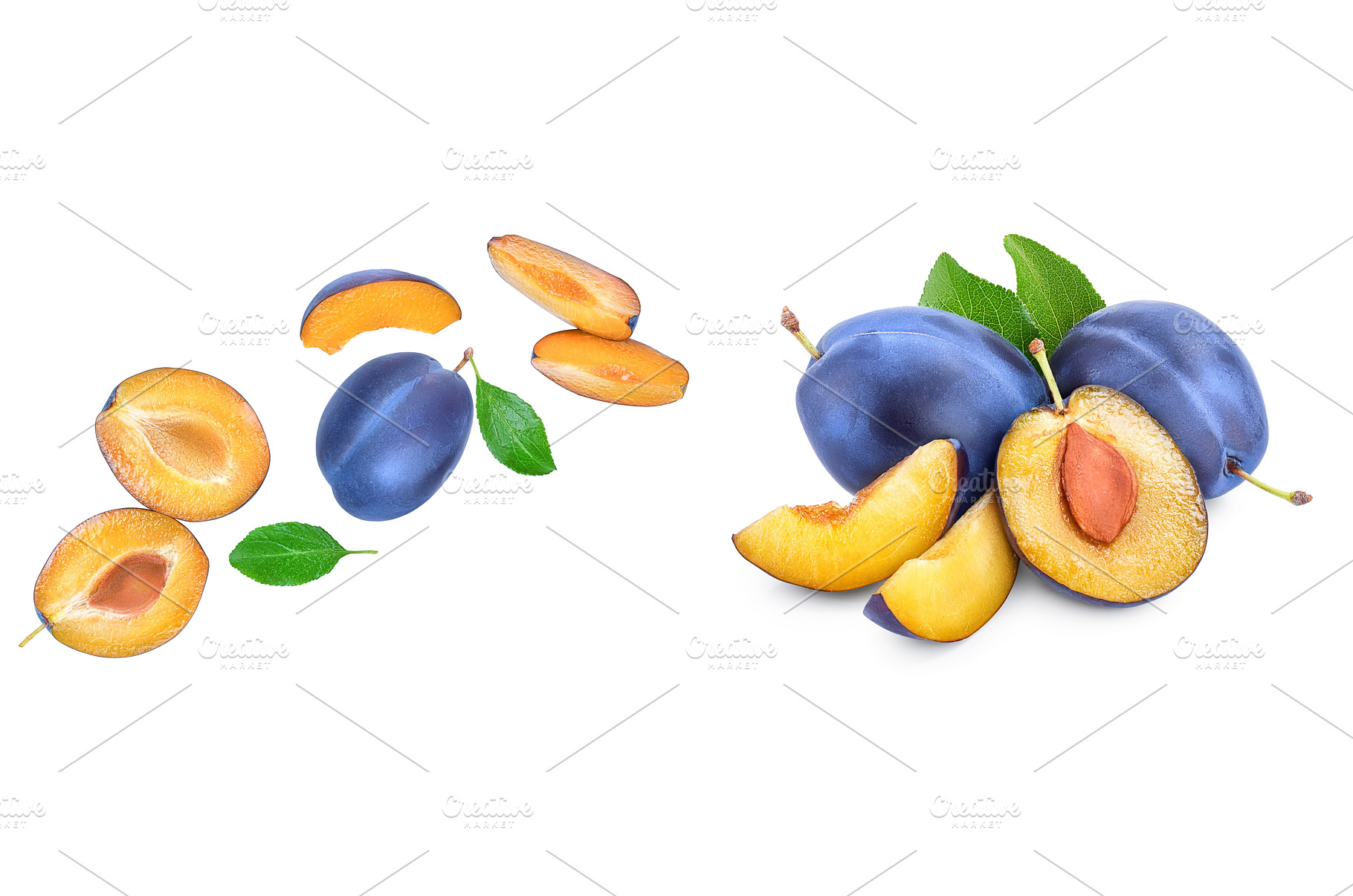 fresh plum and half with leaves, a Food & Drink Photo by NataPhoto