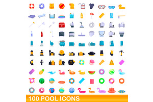 100 Pool Icons Set, Cartoon Style