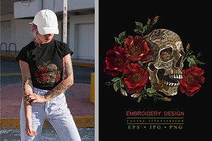 Embroidery Human Skull And Red Roses