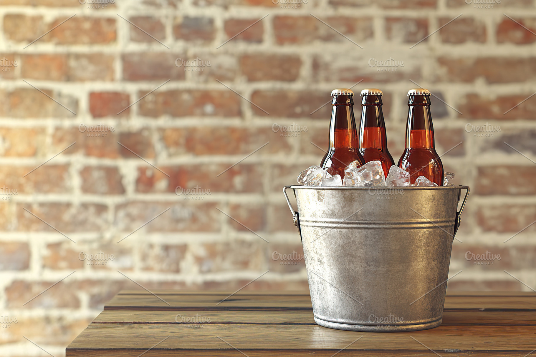 Ice bucket with beer bottles on brick wall background, a Food & Drink Photo by AlyaAnd