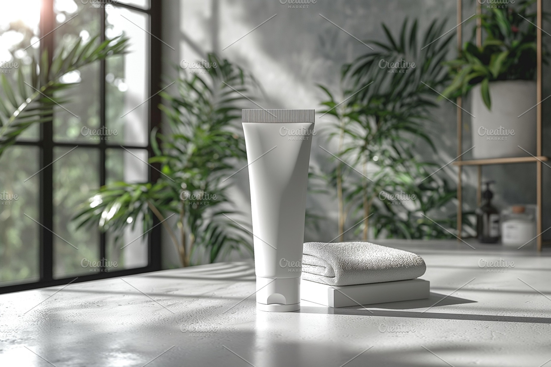 A minimalist skincare setup featuring a white tube and a soft towel, bathed in, a Business Photo by ImageMir
