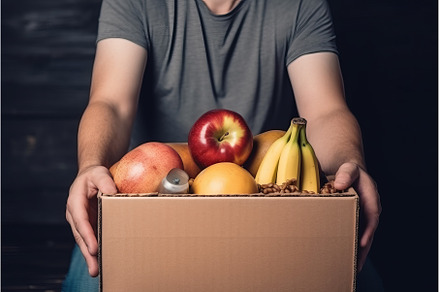 Box with essential food items, a Food & Drink Photo by Ylivdesign
