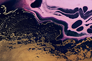 Fluid Art. Golden metallic, black and pink wriggling waves. Marble effect backg