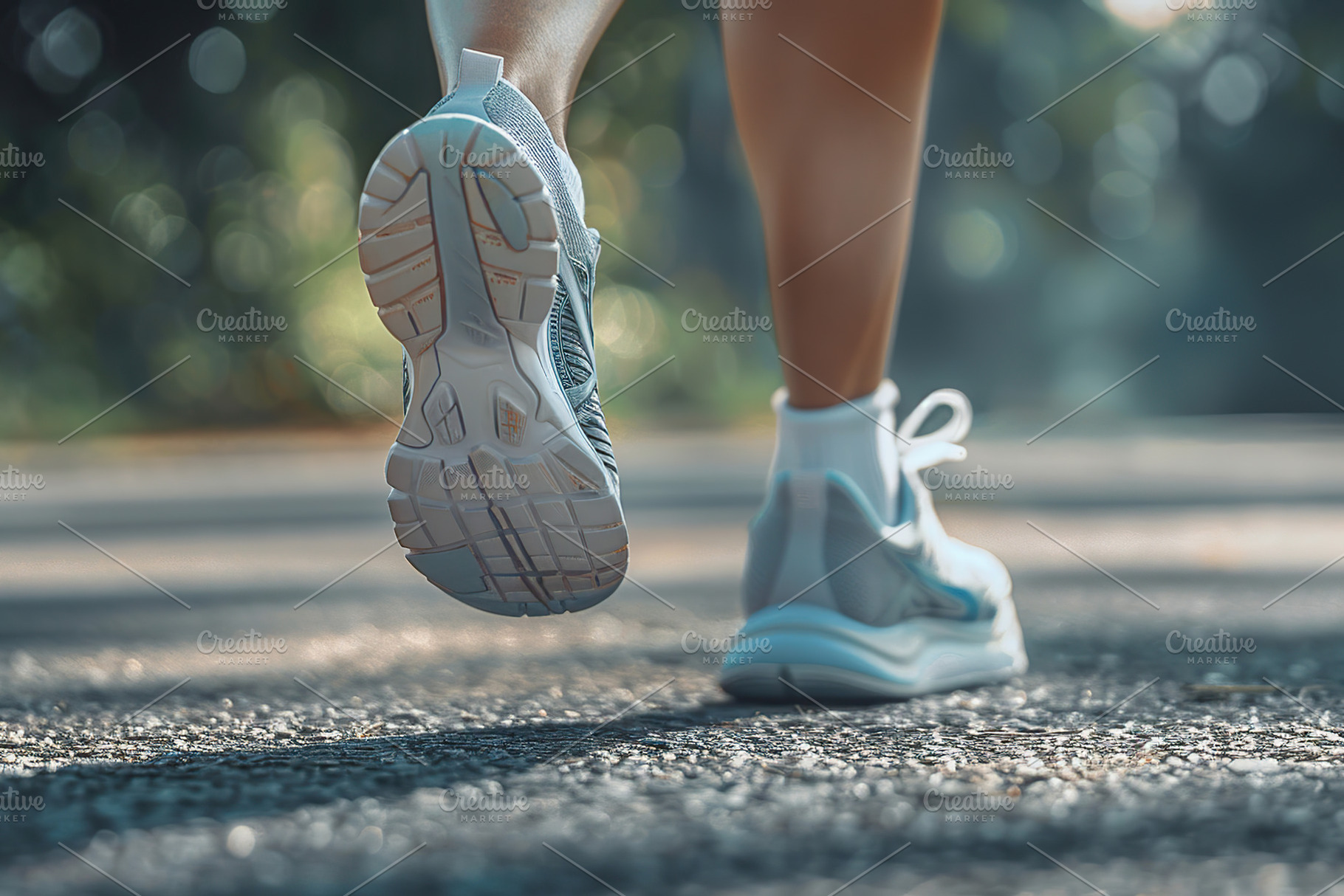 Female feet running in sport shoes on park path, a Person Photo by AlyaAnd