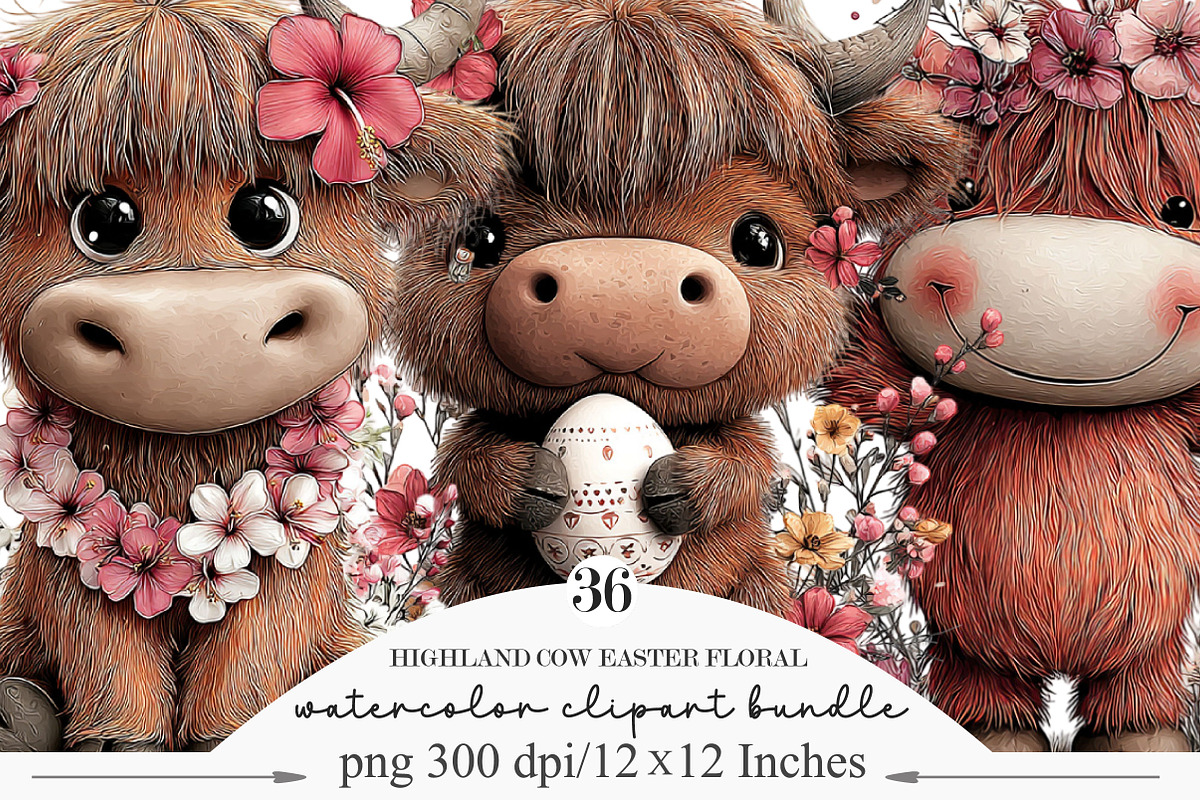 Highland Cow Easter Floral Clipart, an Illustration by Designking (Photo 1 of 5)