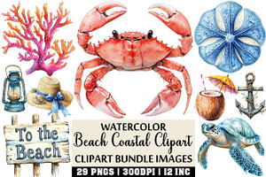 Watercolor Beach Coastal Clipart, an Illustration by Craft Nest