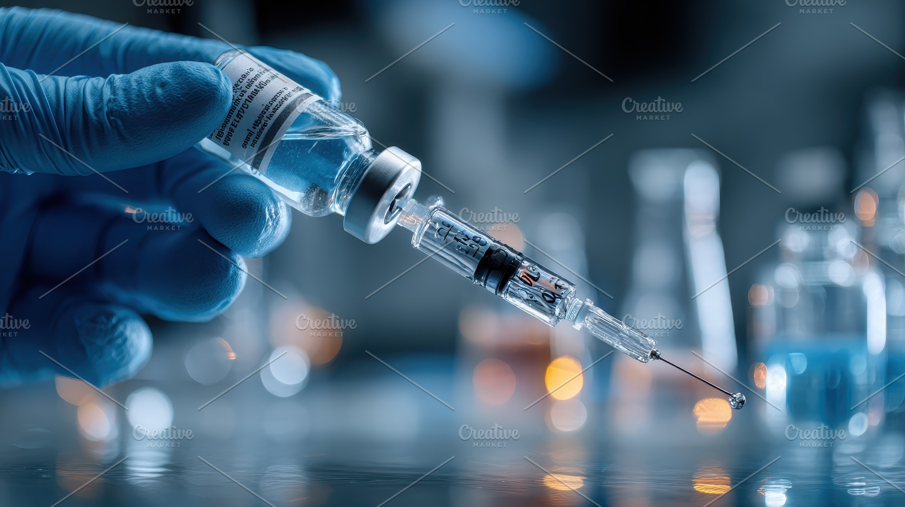 Vaccine vial and syringe in gloved h, a Photo by Pixeness Studio