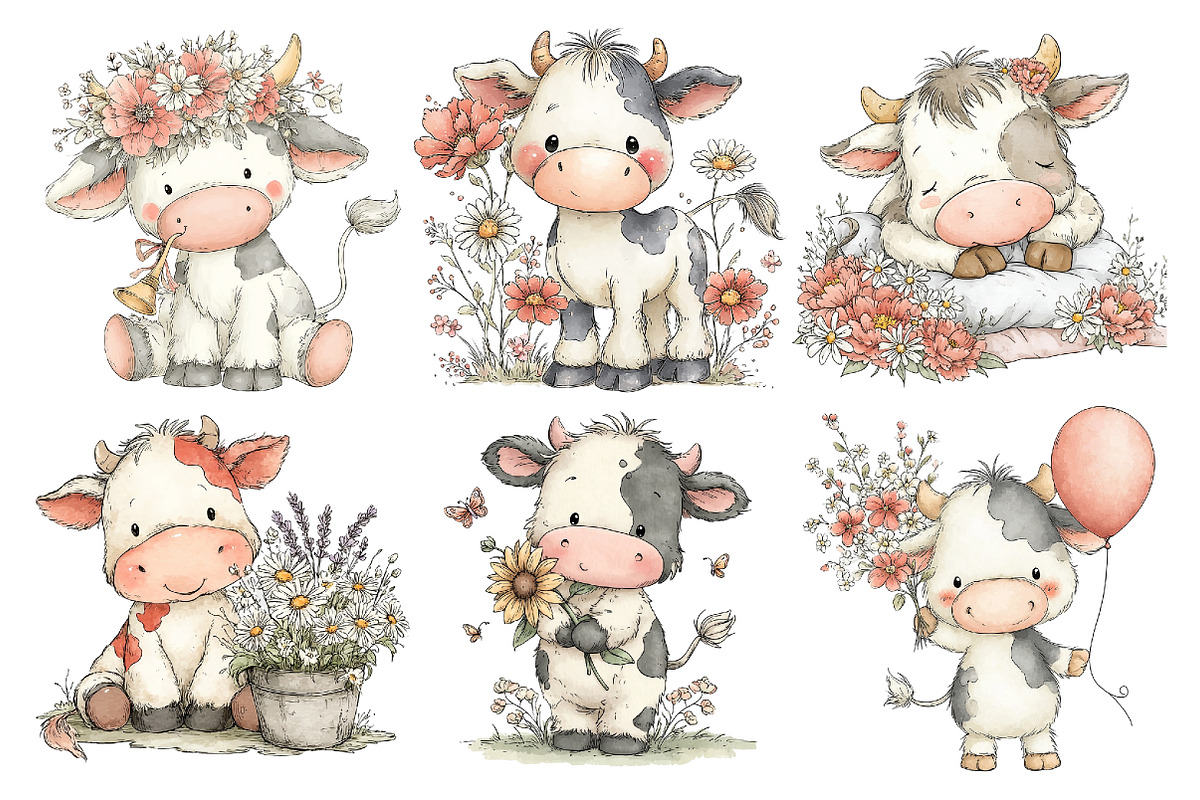 Watercolor Cute Cow Clipart, an Animal Illustration by Creative Art (Photo 3 of 7)