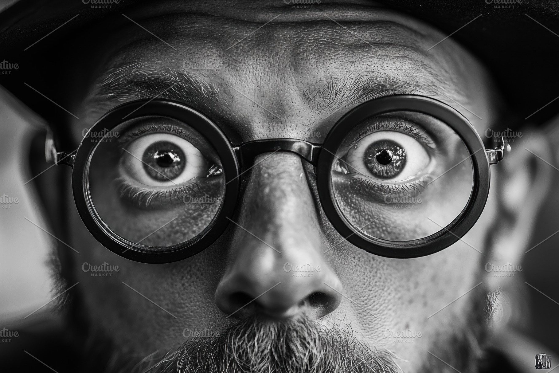 A close-up black and white psycholinguist portrait of a man with round glasses,, a Person Photo by Textures & Backgrounds