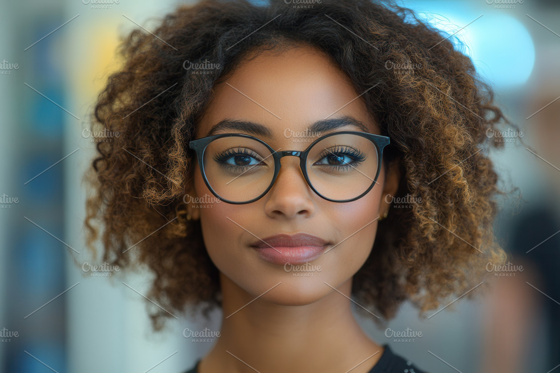 Confident woman with curly hair and, a Photo by Tanuart