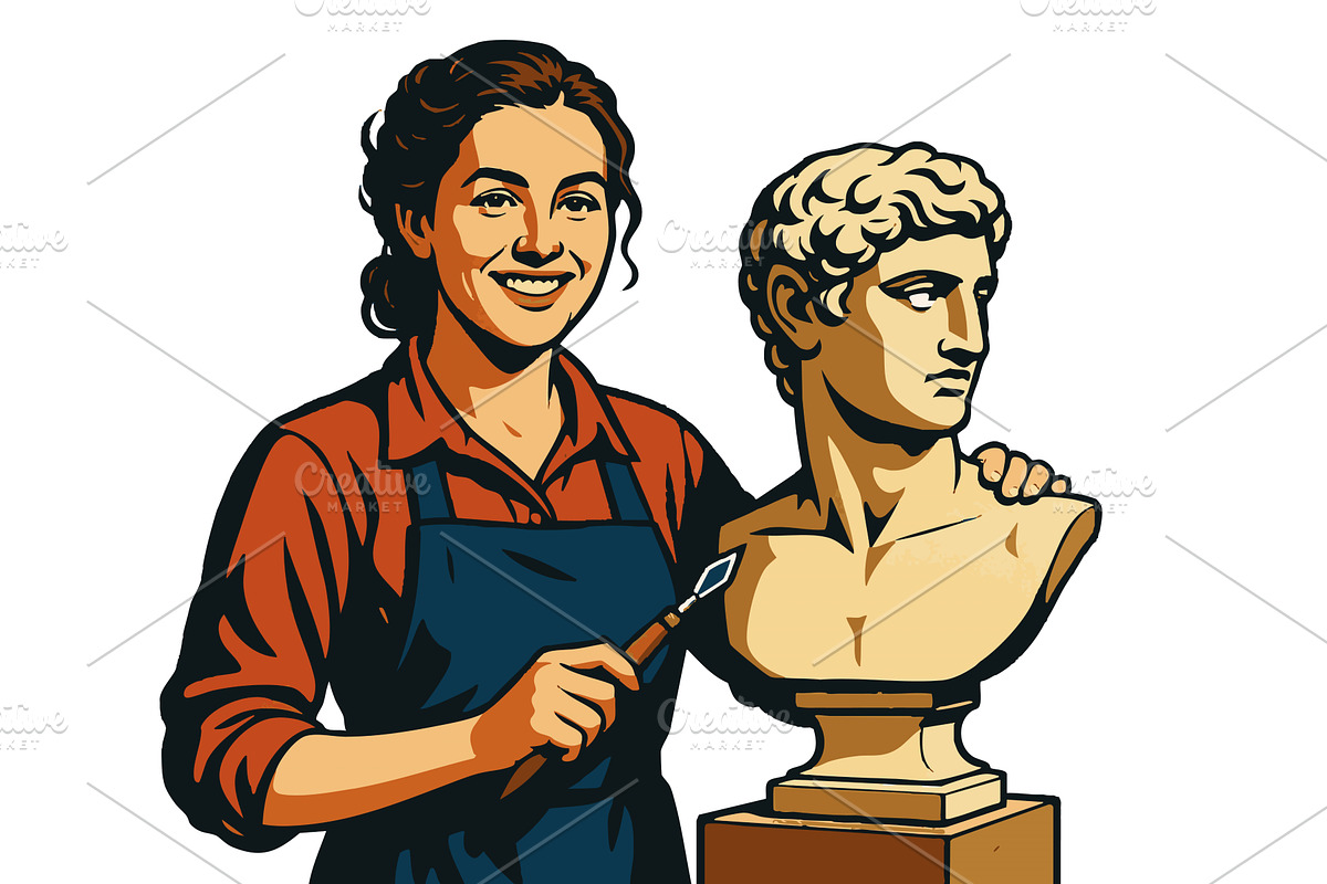 Female Sculptor Working on Classical, an Illustration by AlexArt