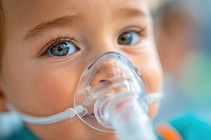 Child with nebulizer mask and bright blue eyes, a Health & Medical Photo by AlyaAnd