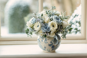 Winter bouquet featuring cream and blue flowers in ornate vase o, a Photo by Studio ANNA