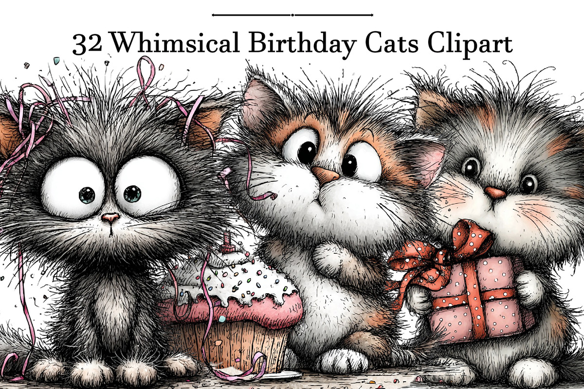 Whimsical Birthday Cats Clipart, an Illustration by DreamArtGraphic (Photo 1 of 5)