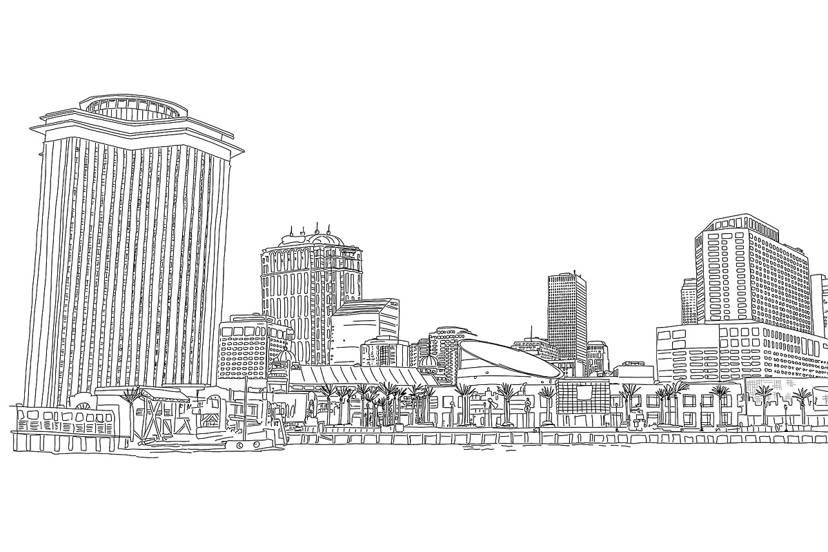 New Orleans Downtown Skyline Drawing, a Work Illustration by PageLightStudios