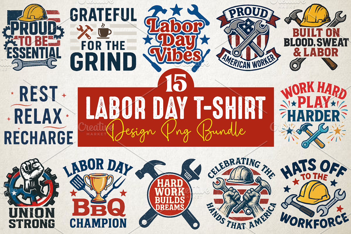 Labor Day T-Shirt Design PNG Bundle, an Illustration by RobertsArt