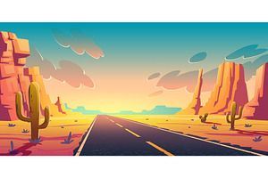 Sunset In Desert With Road, Cactuses