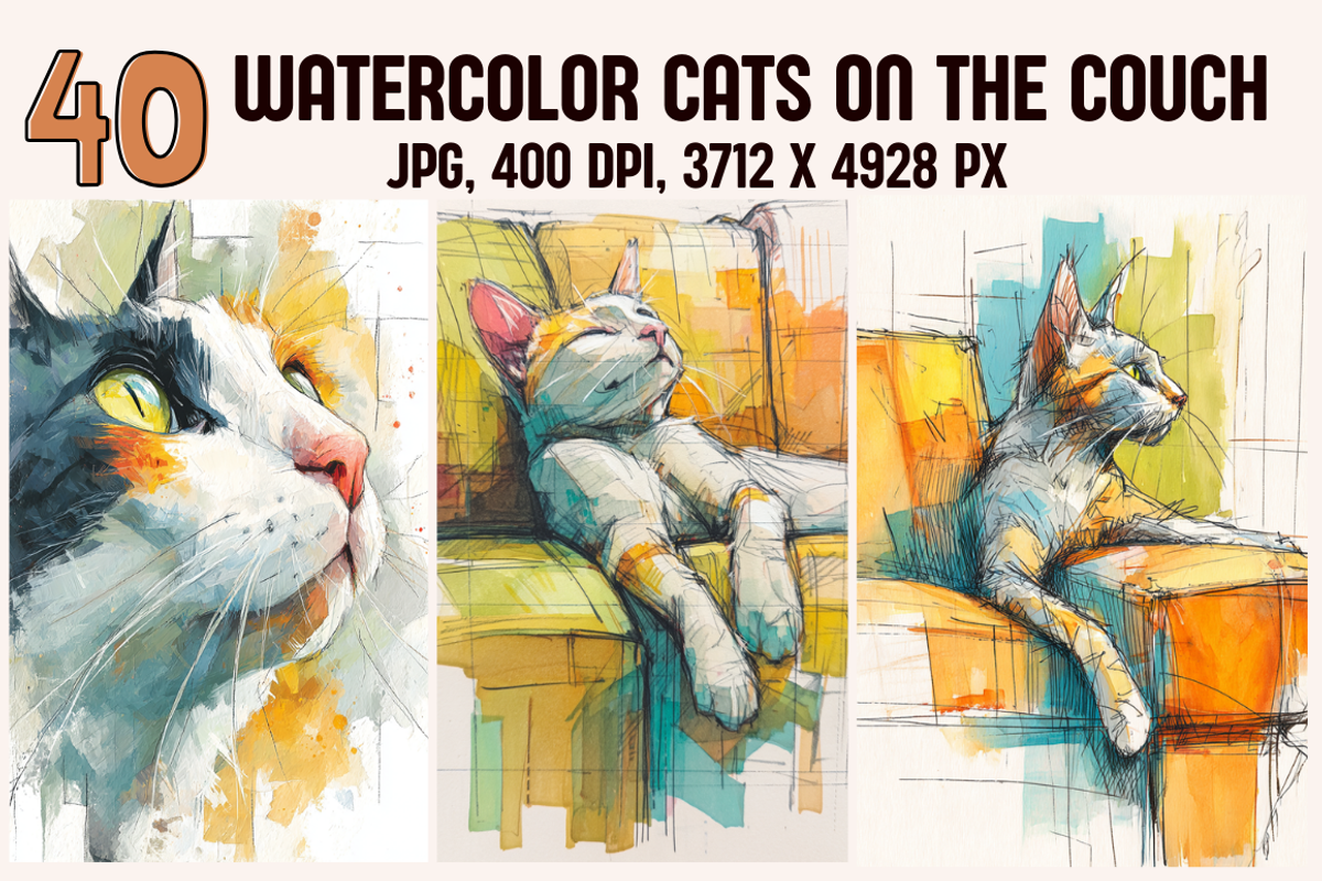Watercolor Cats on the Couch, an Animal Illustration by PrintHaven Designs (Photo 1 of 9)