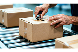 Worker sealing cardboard box on, a Transportation Photo by tilialucida