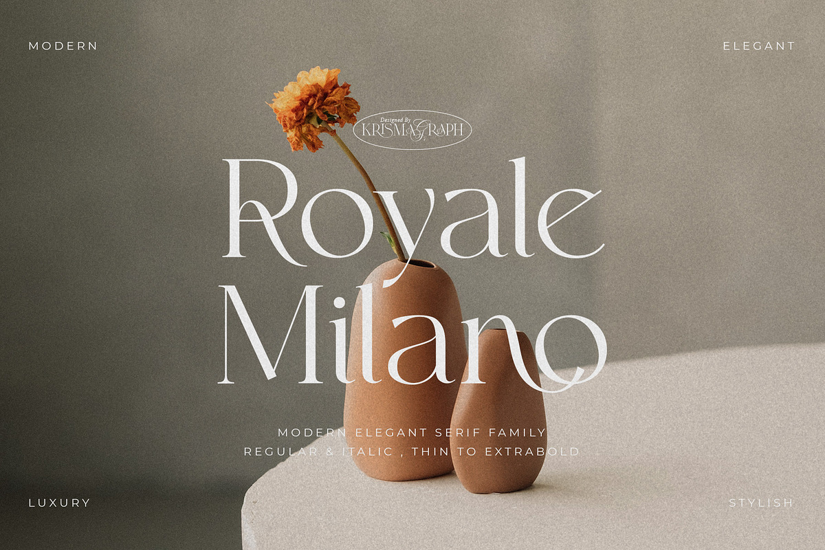 Royale Milano | Modern Serif Family, a Serif Font by Krismagraph (Photo 1 of 14)