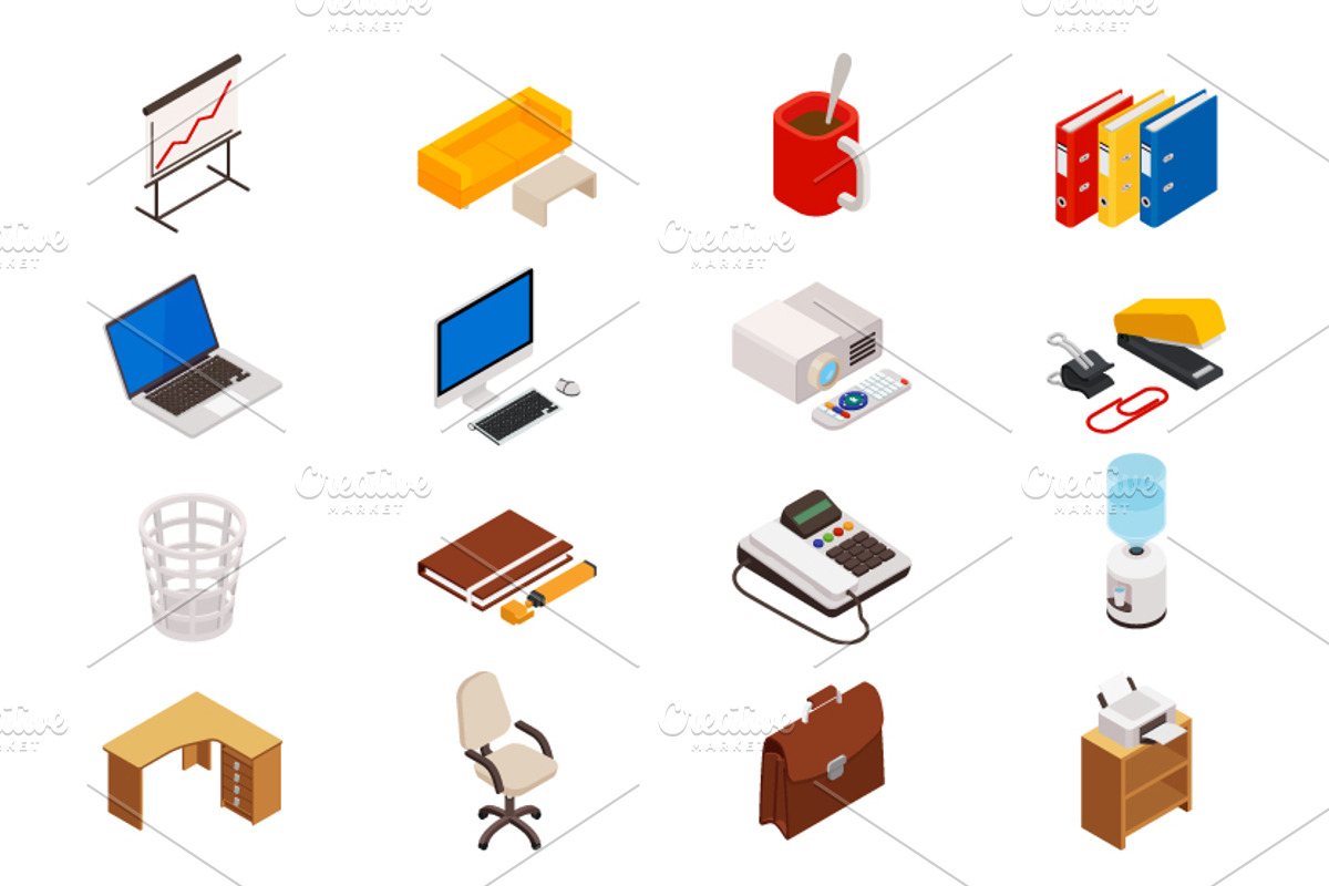 Isometric office equipment set, an Object Illustration by NKuvshinov