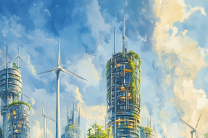 A futuristic cityscape featuring tall, green skyscrapers integrated with nature, a Technology Illustration by Textures & Backgrounds