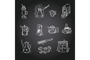 Hand Drawn Sketch Doodle Vintage Simple Coffee Theme Devices Coffeemaking Menu Design For Cafe And Restaurant On Black Background Vector Illustration