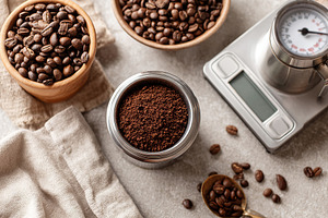 Coffee preparation setup with grinder, scale, and fresh beans ready for brewing, a Food & Drink Photo by AlyaAnd