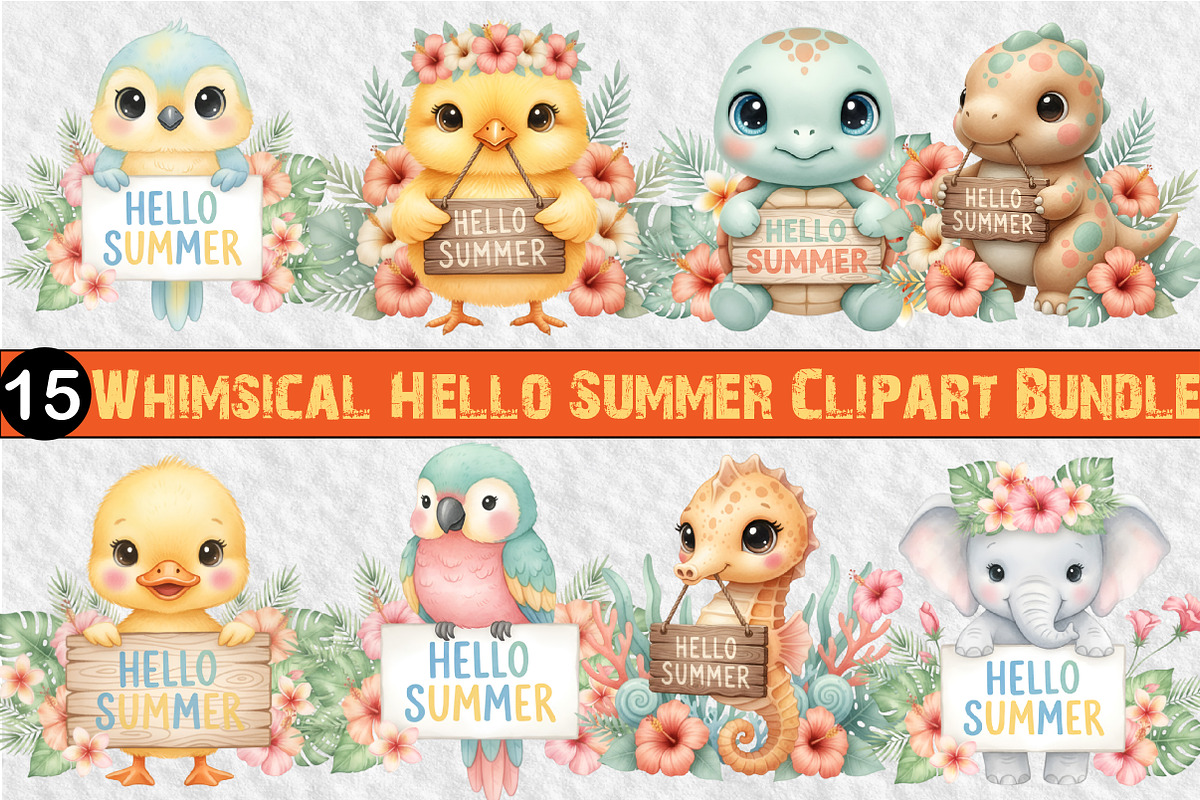Whimsical Hello Summer Clipart, an Illustration by GatewayDesign (Photo 1 of 6)
