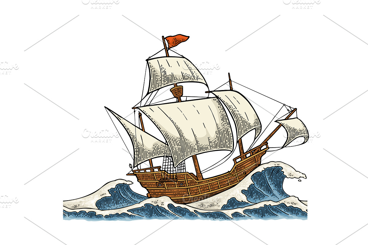 Sailing ship sails in stormy sea, an Object Illustration by MoreVector