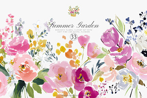 summer garden watercolor florals, a Decorative Illustration by Patishop Art