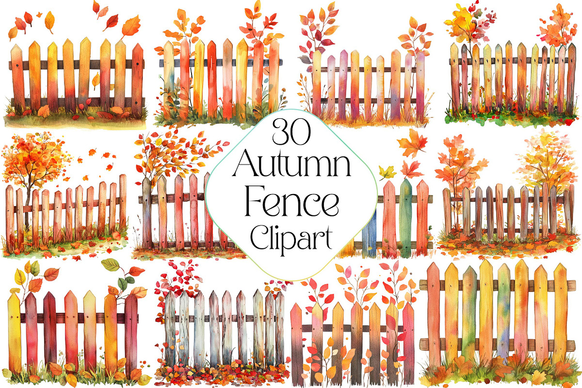 Watercolor Autumn Fence Clipart, an Illustration by DreamPrint404 (Photo 1 of 5)