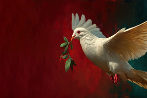 White dove flying with olive branch in beak against textured red, an Animal Photo by José Manuel Gelpi