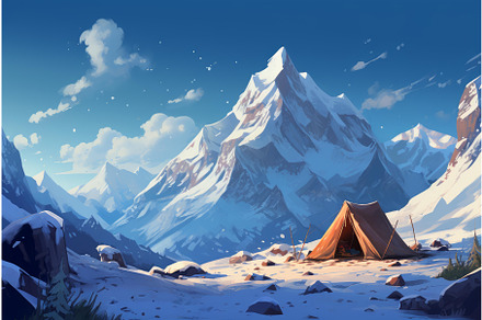 Frosty Snow camp tent mountains, an Illustration by Ylivdesign