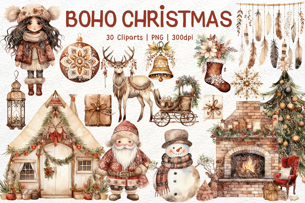Boho Christmas Watercolor Clipart, a Seasonal Illustration by Maysa Art (Photo 1 of 7)