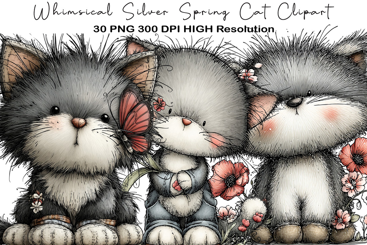 Whimsical Silver Spring Cat Clipart, an Illustration by Black Bird Studio (Photo 1 of 5)