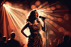 Portrait Of Young Female Singer On Stage Singing Surrounded By L