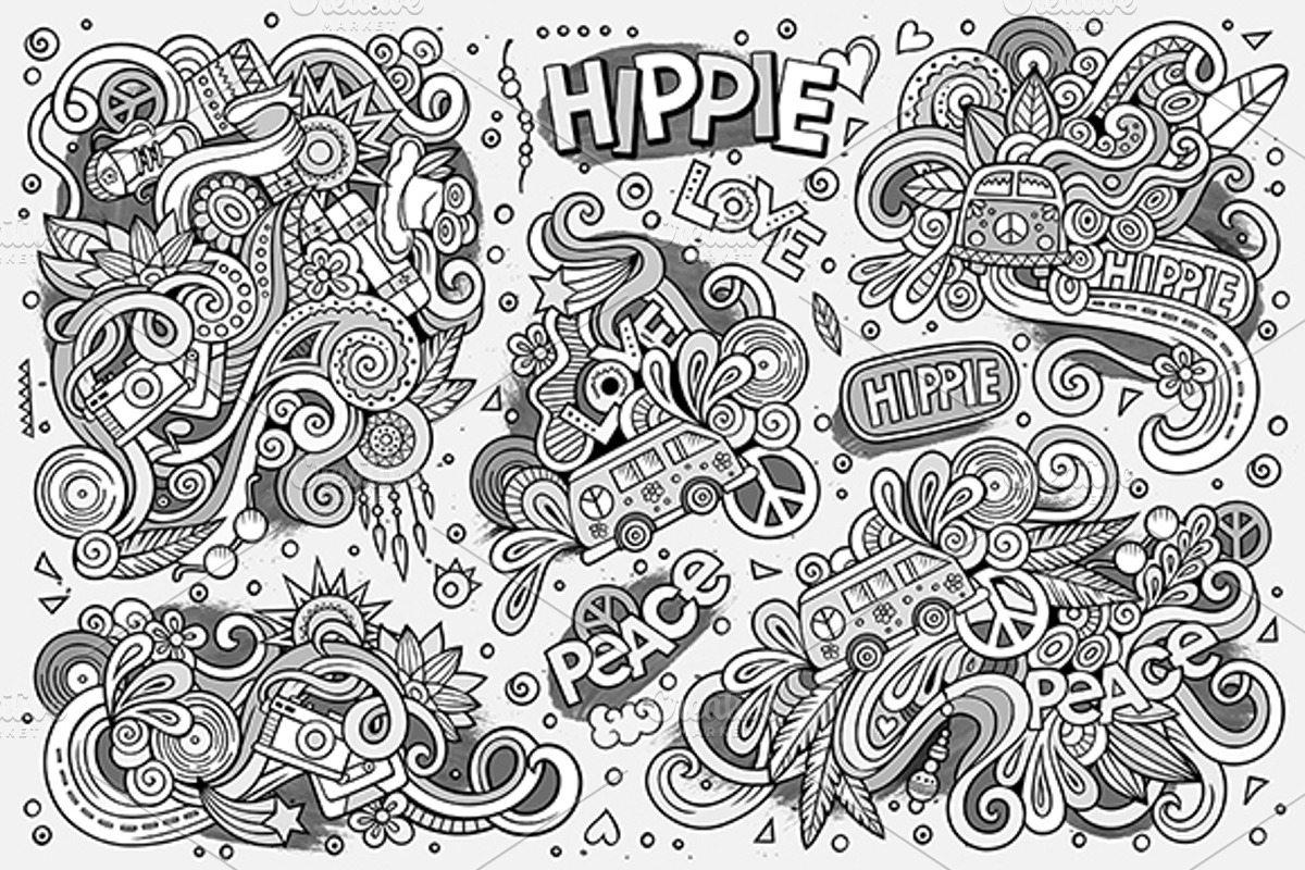 Hippie Doodles Designs Big Set, a Decorative Illustration by BALABOLKA (Photo 7 of 10)