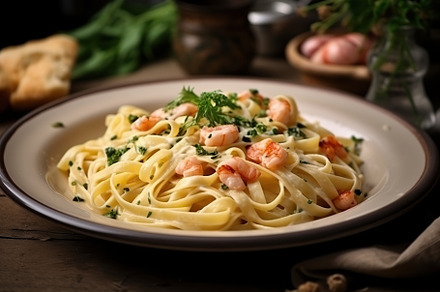 Italian pasta with creamy sauce and shrimp on plate. Generative aI, a Food & Drink Photo by AlyaAnd