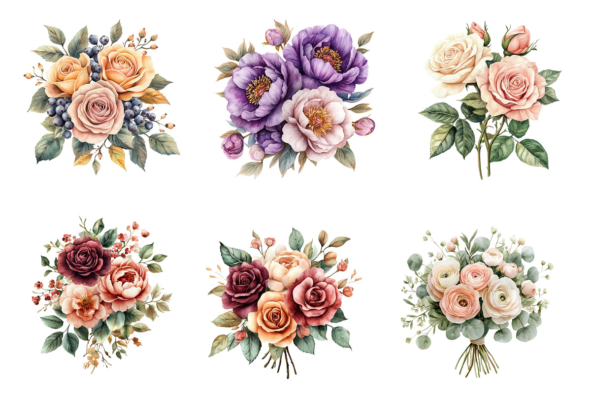 Elegant Watercolor Flower Bouquets, an Illustration by SinaCreation (Photo 3 of 7)